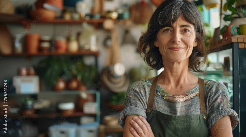 Poster a woman standing in front of a shelf of pots. ideal for home and garden related projects