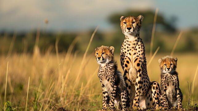 Lovely cheetah family, mother with two cheetah cubs sitting looking at the camera, in savanna grassland