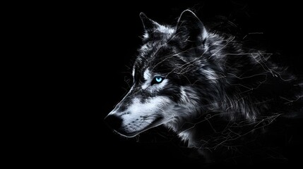 Magic frost wolf with blue eyes in the dark on black background. Fairy wolf portrait. Frost wolf