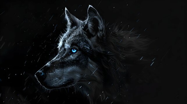 Magic frost wolf with blue eyes in the dark on black background. Fairy wolf portrait. Frost wolf