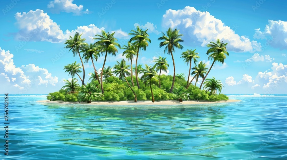 Poster a serene tropical island with palm trees in the middle of the ocean. ideal for travel and vacation c