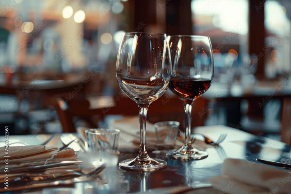 Poster image of two wine glasses on a table. perfect for restaurant menus or wine-related content