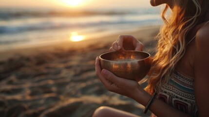 A woman sitting on the beach holding a bowl. Suitable for food and travel themes