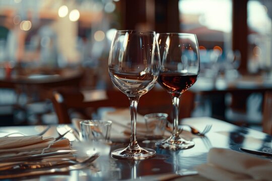 Image of two wine glasses on a table. Perfect for restaurant menus or wine-related content