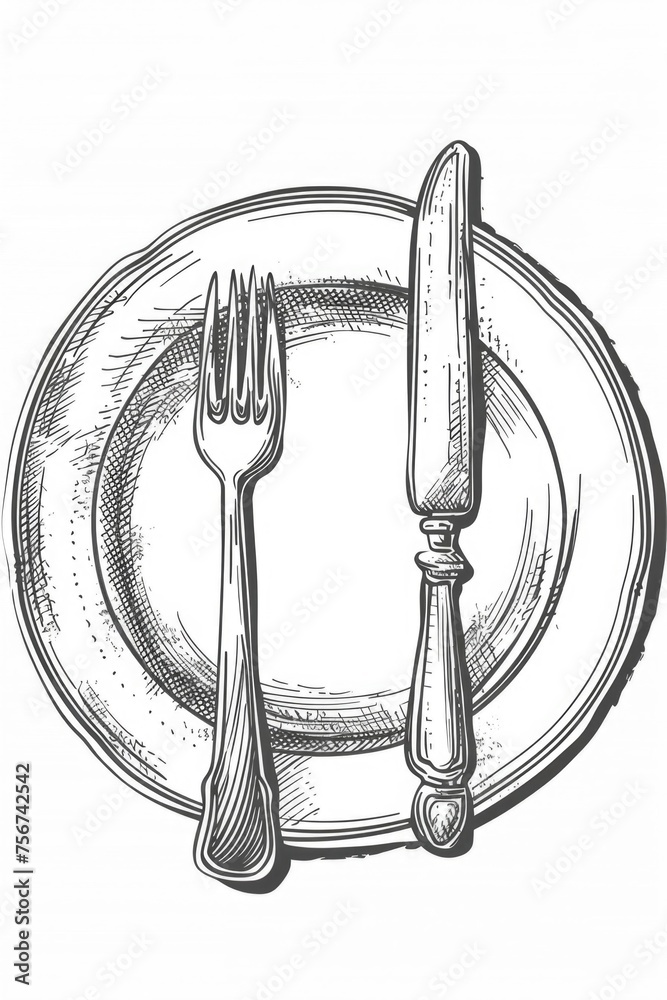 Poster a plate with a knife and fork on it. suitable for restaurant or dining concepts