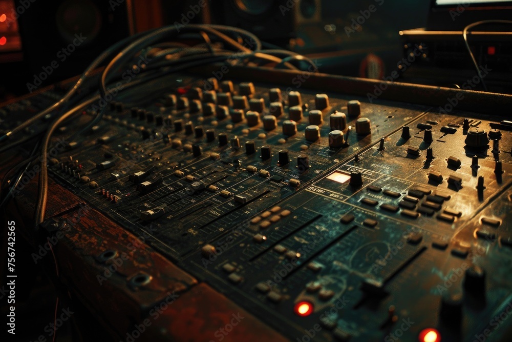 Poster detailed view of a sound board in a recording studio, suitable for music production projects