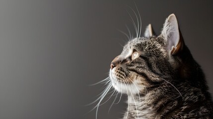 Old cat looking into distance on gray background. Space for advertising project or design with pets.