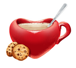 Cartoon voluminous red heart cup with cappuccino, silver spoon and two cookies with chocolate. Hand-drawn, hatching. Romance, Valentine's Day, cafe. Illustration on a white background.