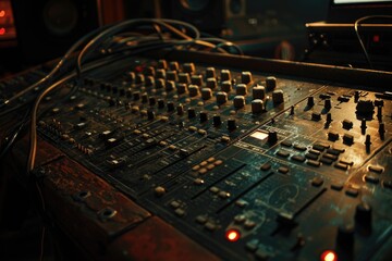 Detailed view of a sound board in a recording studio, suitable for music production projects - obrazy, fototapety, plakaty