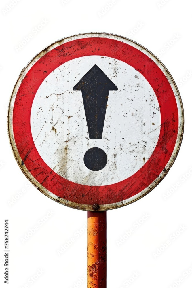 Poster a red and white sign with a black arrow. suitable for directional concepts