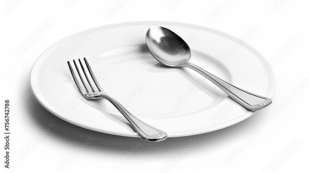 Poster A simple plate with a fork and a spoon on it. Perfect for food-related designs