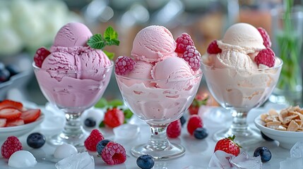Three glasses of strawberry ice cream in a fruit cup on a white table