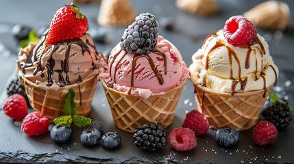three ice creams in waffle cups with fruit on a black plate