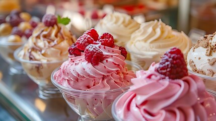 glasses of strawberry ice cream in a fruit cup on a white table