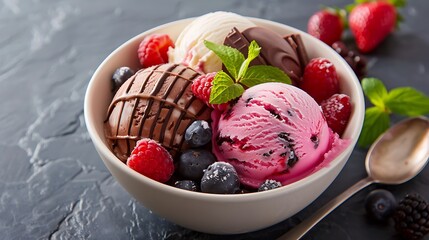 Raspberry ice cream in white bowl on wooden table