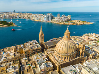 Drone view of main church and Manoel island, Valletta city - capital of Malta island