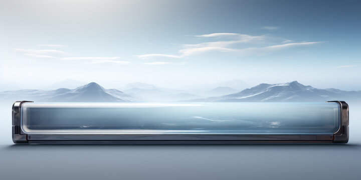 Gaming header concept. Gaming glass header interface with futuristic platform, cloudy mountains background.