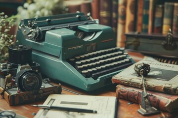 Vintage green typewriter on rustic wooden table. Perfect for office or writer concepts