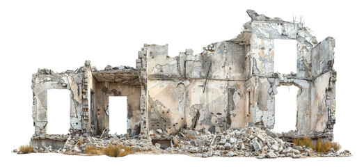 Desolate ruins of a once-standing dilapidated building, cut out - stock png.