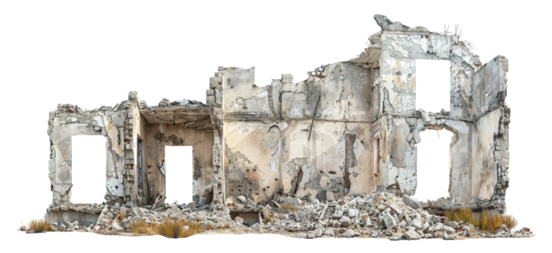 Desolate ruins of a once-standing dilapidated building, cut out - stock png.