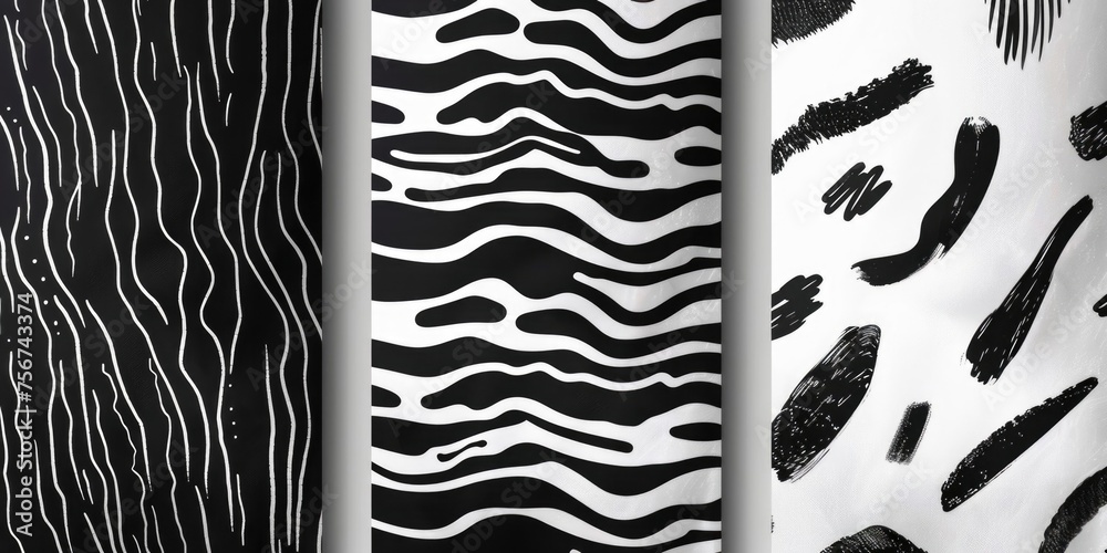Poster Three different patterns of black and white fabric. Ideal for textile design projects