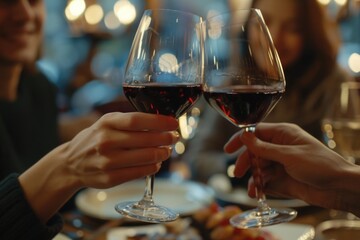Two people sharing a toast with wine glasses. Ideal for dining or celebration concepts