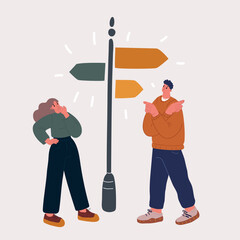 Vector illustration of Correct decision choosing - confused man and woman are character standing on the crossroads and looking at signpost with three different directions