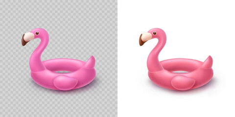 Flamingo set isolated on transparent and white backgrounds. Pink inflatable swimming rings. Vector 3d float birds. Summer vacation, beach or pool toy templates - obrazy, fototapety, plakaty