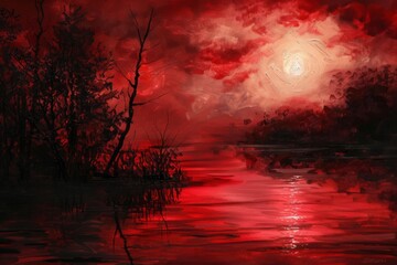 A painting depicting a vibrant sunset casting colorful hues over a calm body of water, creating a serene atmosphere.