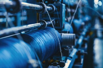 Close up of a spinning machine with blue yarn. Ideal for textile industry concepts - obrazy, fototapety, plakaty