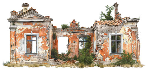 Desolate ruins of a once-standing dilapidated building, cut out - stock png.