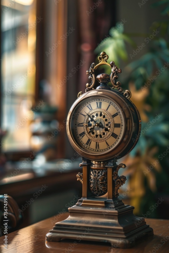 Poster a clock sitting on top of a wooden table. suitable for time management concepts