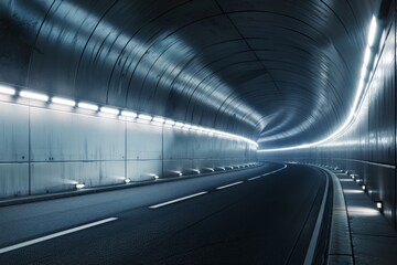 A very long tunnel lit by several lights along its length, creating a bright path through the darkness.