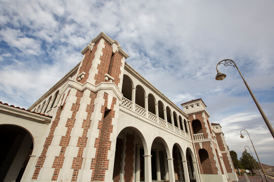 Daytime view of the historic 1908 downtown train depot of Barstow, California, USA.