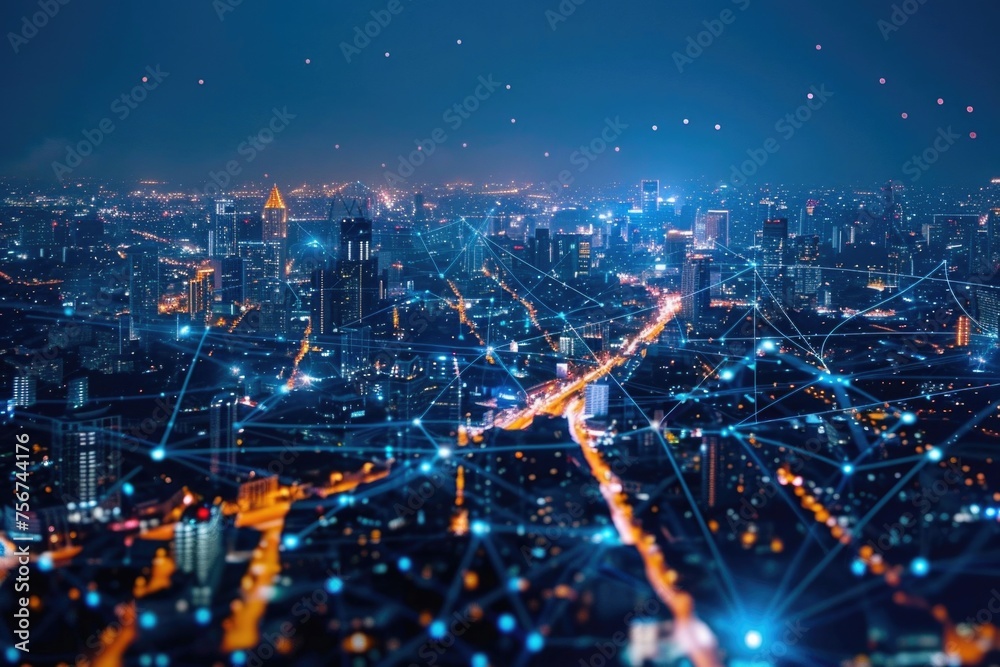 Poster a cityscape at night with illuminated connected lines. ideal for urban concepts