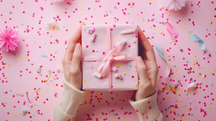 A person holding a pink present. Suitable for various occasions