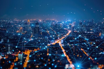 A cityscape at night with illuminated connected lines. Ideal for urban concepts