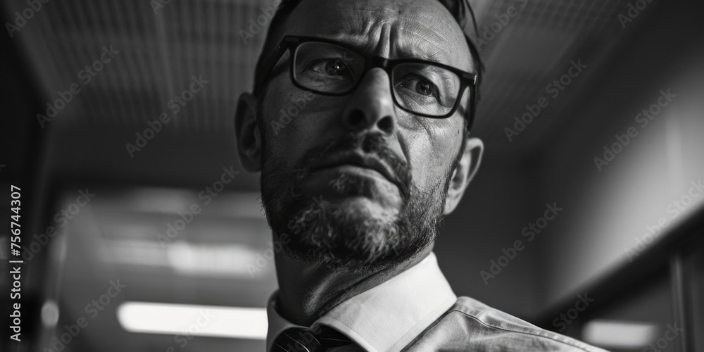 Poster a man with glasses and a tie looking at the camera. suitable for business and professional concepts