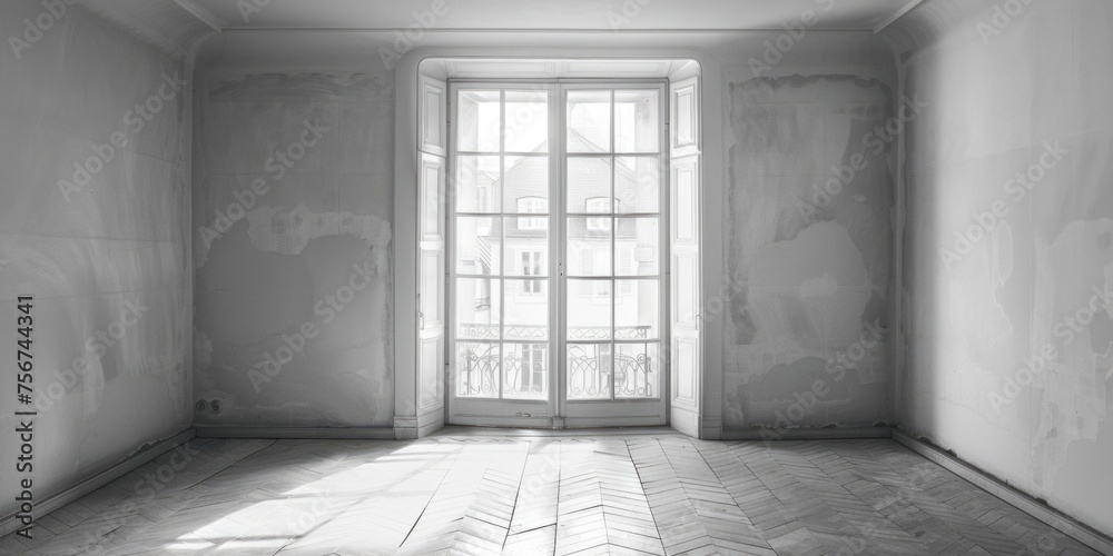 Poster A minimalist black and white photo of an empty room. Suitable for interior design concepts