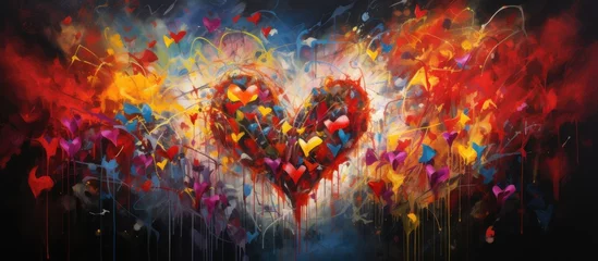 Fotobehang An art piece featuring two electric blue and magenta hearts surrounded by a variety of colorful flowers, creating a vibrant and mesmerizing pattern in a dark space © AkuAku