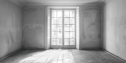 A minimalist black and white photo of an empty room. Suitable for interior design concepts