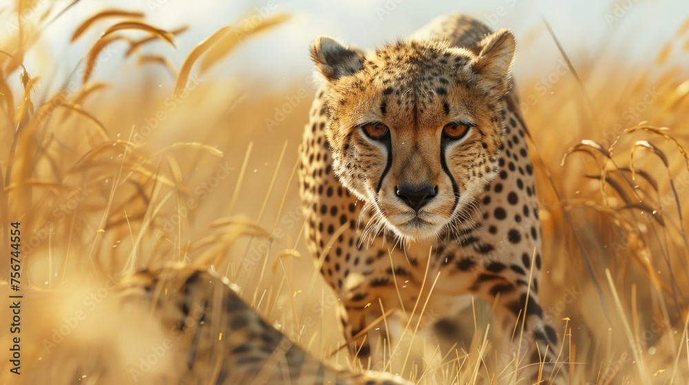 Poster a cheetah walking through a field of tall grass. suitable for wildlife or nature themes