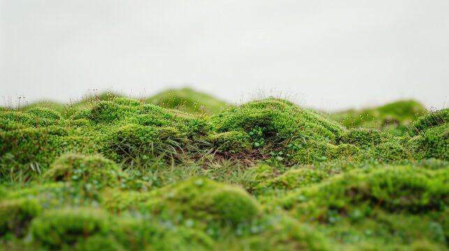 Lush green moss covering hillside, perfect for nature backgrounds