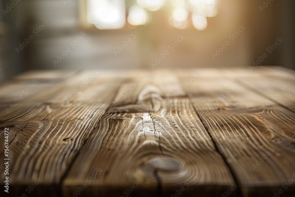 Poster Close-up view of a wooden table with a window in the background. Suitable for interior design concepts