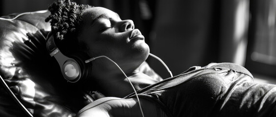 Woman listening to headphones, suitable for music-related content - obrazy, fototapety, plakaty