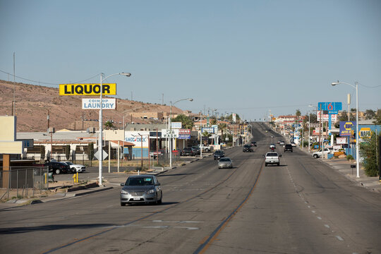 Barstow, California, USA - June 20, 2020: Traffic passes through the heart of downtown Barstow.