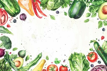 Colorful watercolor painting of various fruits and vegetables, suitable for food and nutrition themes