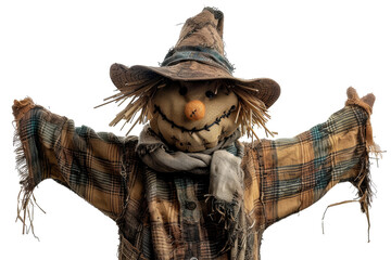 Handmade scarecrow guarding the autumn harvest field on transparent background - stock png. - obrazy, fototapety, plakaty