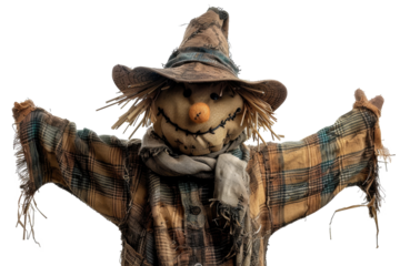 Handmade scarecrow guarding the autumn harvest field, cut out - stock png.