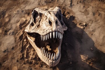 Fototapeta premium T-rex dinosaur skull in the ground, close-up view. Dino prehistoric fossil skeleton